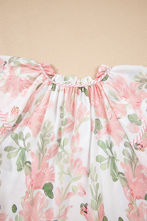 Mixed Pattern Tiered Ruffle Sleeve V Neck Blouse
