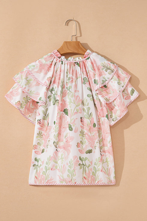 Mixed Pattern Tiered Ruffle Sleeve V Neck Blouse