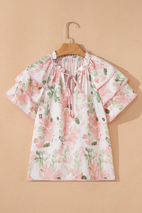 Mixed Pattern Tiered Ruffle Sleeve V Neck Blouse