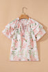 Mixed Pattern Tiered Ruffle Sleeve V Neck Blouse