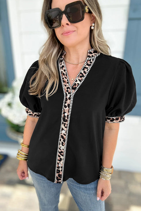 Mixed Pattern Trim Puff Sleeve Button Front Blouse