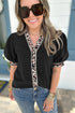 Mixed Pattern Trim Puff Sleeve Button Front Blouse