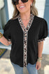 Mixed Pattern Trim Puff Sleeve Button Front Blouse