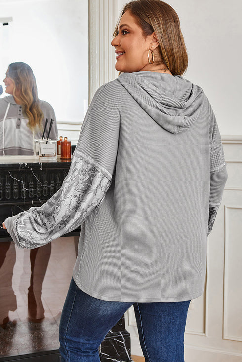 Mixed Pattern Waffle Knit Patchwork Half Button Hoodie