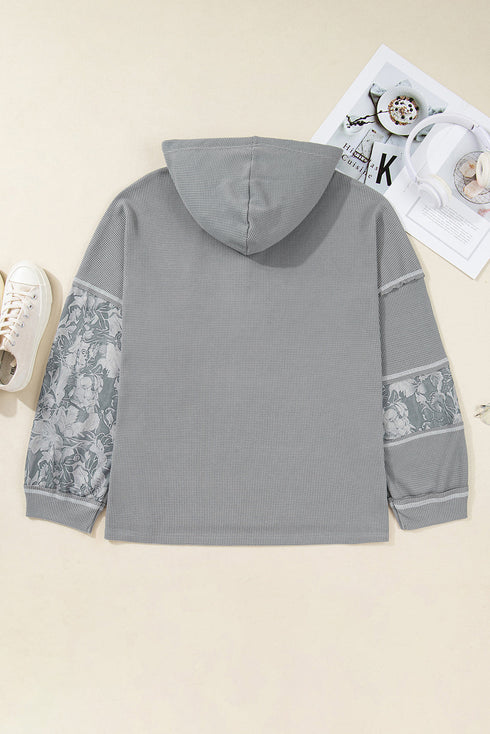 Mixed Pattern Waffle Knit Patchwork Half Button Hoodie