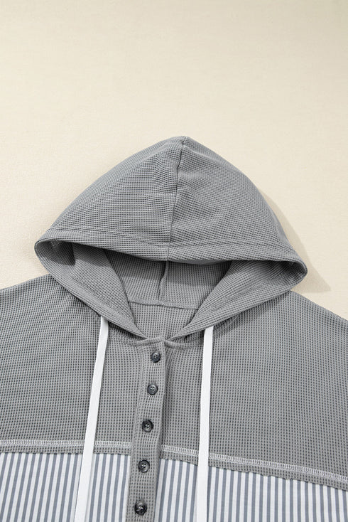 Mixed Pattern Waffle Knit Patchwork Half Button Hoodie