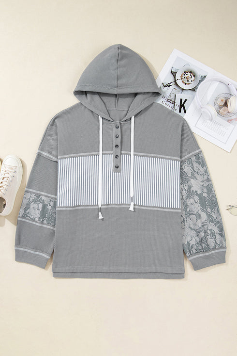 Mixed Pattern Waffle Knit Patchwork Half Button Hoodie