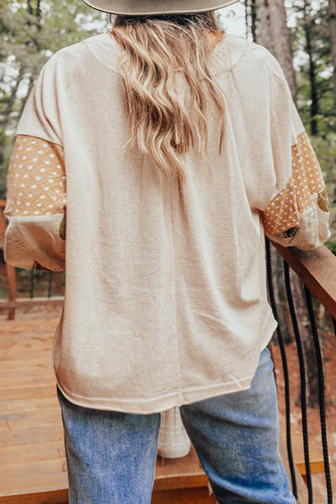 Mixed Print Bishop Sleeve Split Neck Blouse