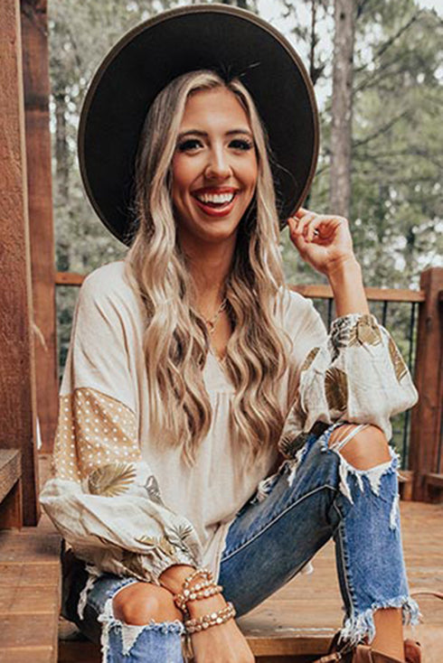 Mixed Print Bishop Sleeve Split Neck Blouse