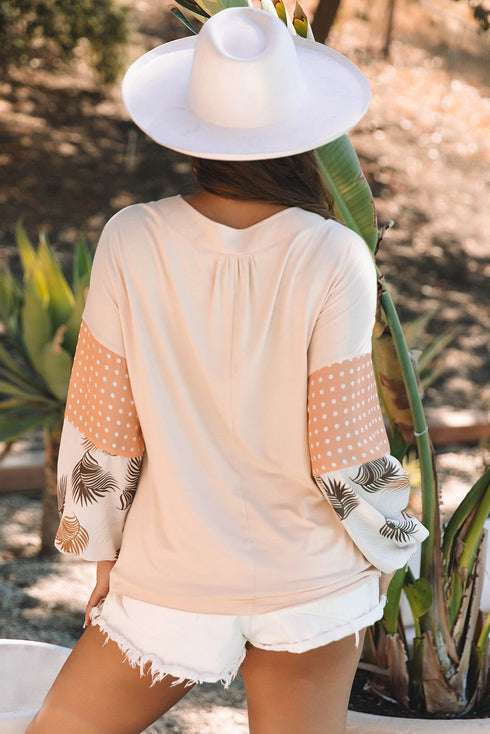 Mixed Print Bishop Sleeve Split Neck Blouse