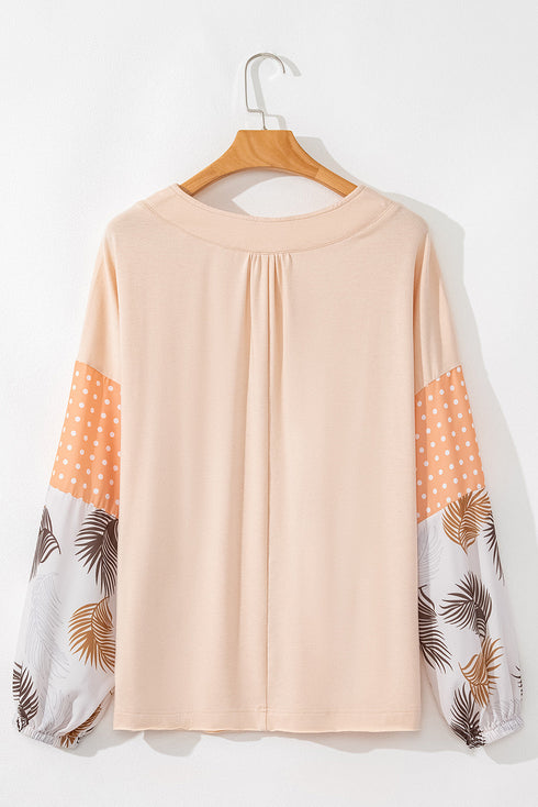Mixed Print Bishop Sleeve Split Neck Blouse