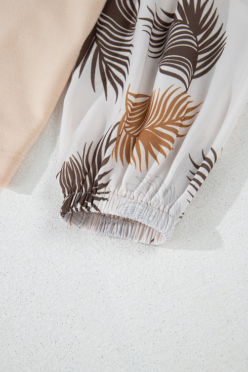 Mixed Print Bishop Sleeve Split Neck Blouse