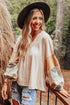 Mixed Print Bishop Sleeve Split Neck Blouse
