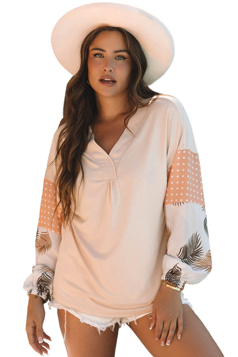 Mixed Print Bishop Sleeve Split Neck Blouse