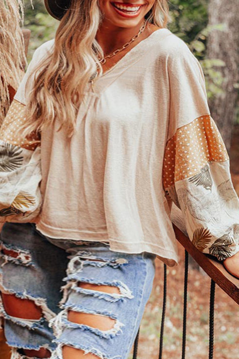 Mixed Print Bishop Sleeve Split Neck Blouse