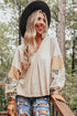 Mixed Print Bishop Sleeve Split Neck Blouse