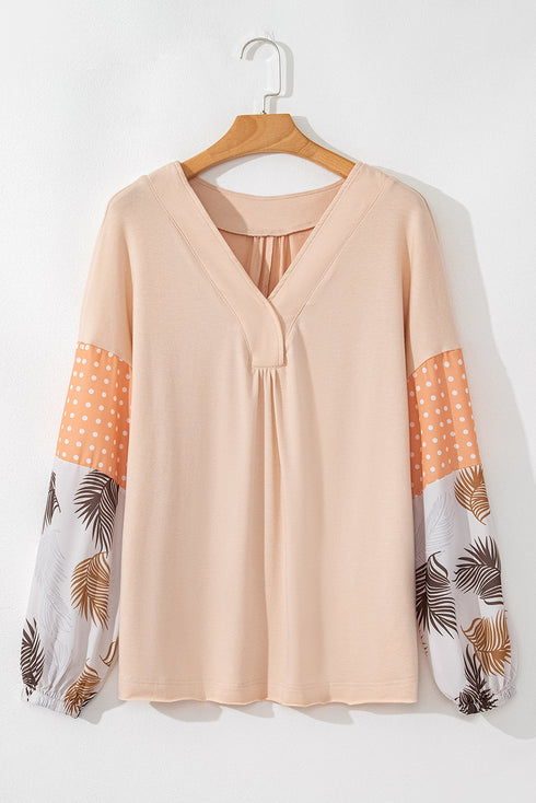 Mixed Print Bishop Sleeve Split Neck Blouse