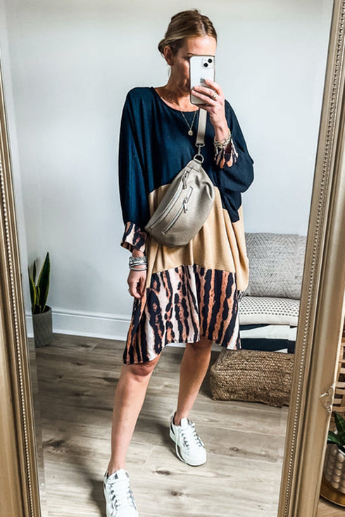 Mixed Print Blocked Balloon Sleeve Shift Dress
