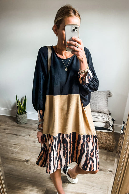 Mixed Print Blocked Balloon Sleeve Shift Dress