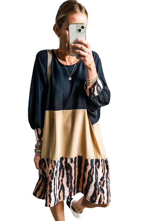 Mixed Print Blocked Balloon Sleeve Shift Dress