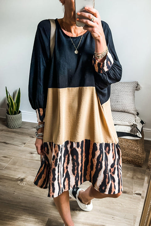 Mixed Print Blocked Balloon Sleeve Shift Dress