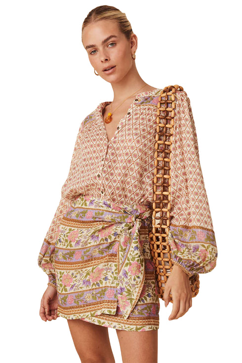 Mixed Print Button Front Long Sleeve Mini Dress