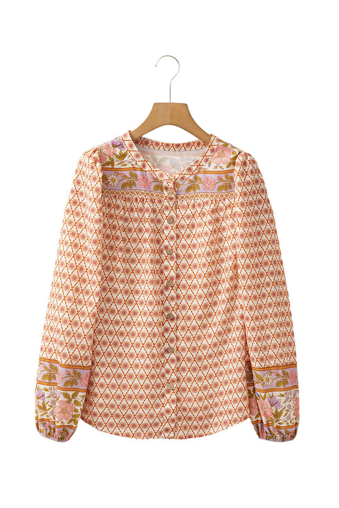 Mixed Print Button Front Long Sleeve Mini Dress