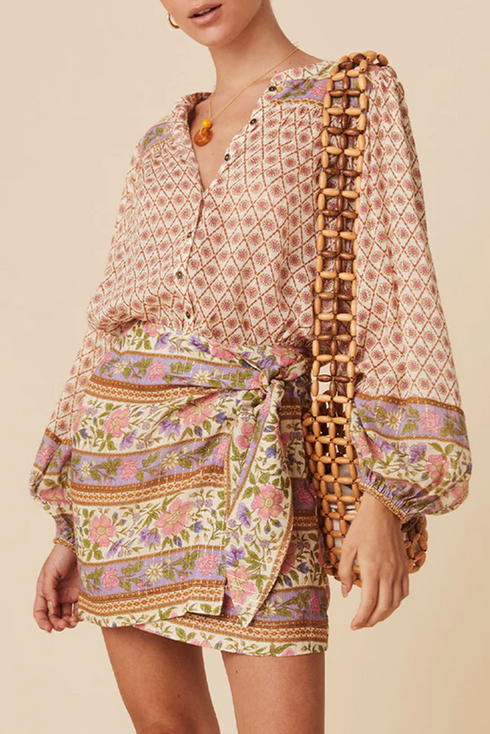 Mixed Print Button Front Long Sleeve Mini Dress