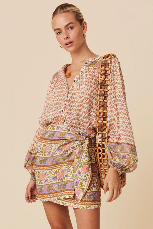 Mixed Print Button Front Long Sleeve Mini Dress