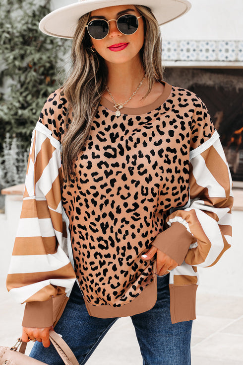 Mixed Print Exposed Seam Balloon Sleeve Pullover