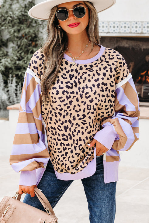 Mixed Print Exposed Seam Balloon Sleeve Pullover