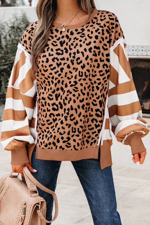 Mixed Print Exposed Seam Balloon Sleeve Pullover