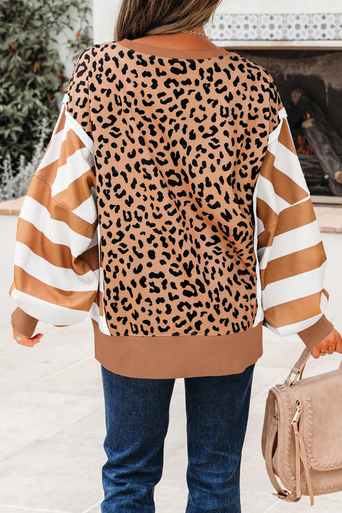 Mixed Print Exposed Seam Balloon Sleeve Pullover