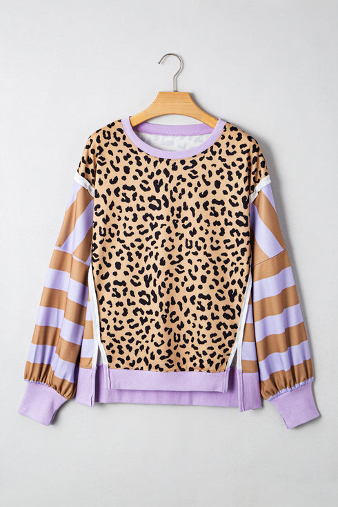 Mixed Print Exposed Seam Balloon Sleeve Pullover
