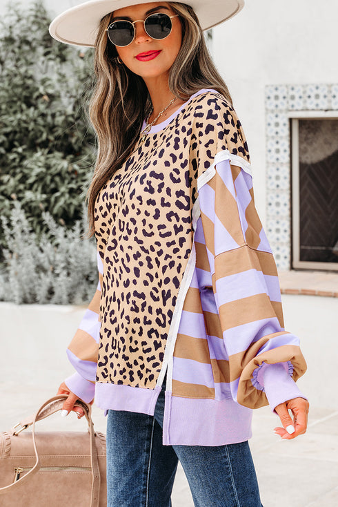 Mixed Print Exposed Seam Balloon Sleeve Pullover