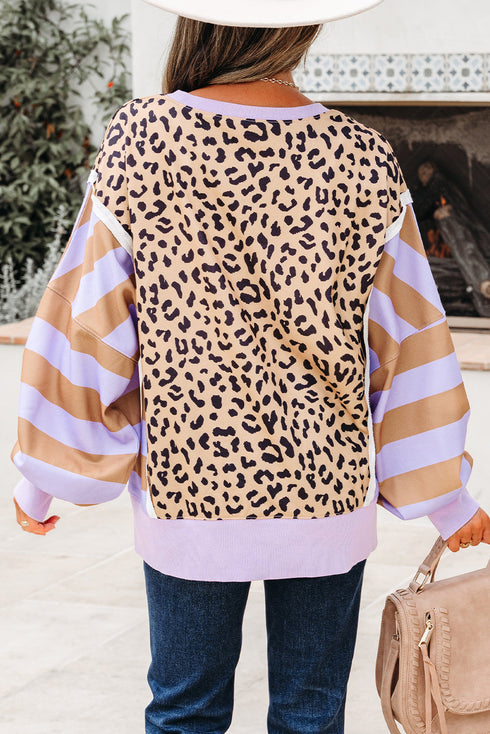 Mixed Print Exposed Seam Balloon Sleeve Pullover
