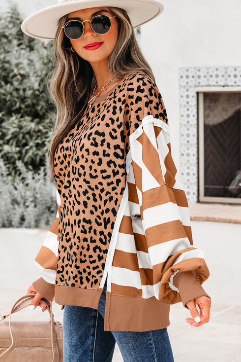 Mixed Print Exposed Seam Balloon Sleeve Pullover