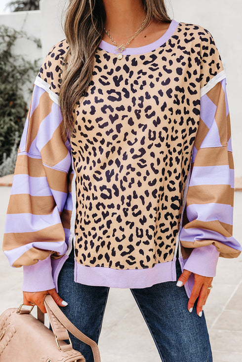 Mixed Print Exposed Seam Balloon Sleeve Pullover