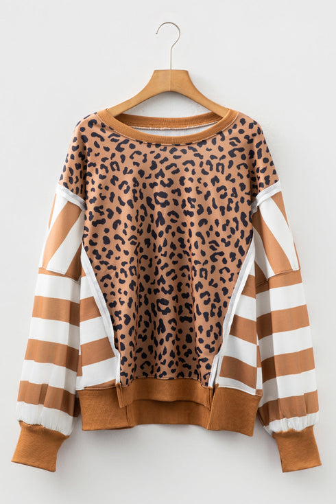 Mixed Print Exposed Seam Balloon Sleeve Pullover