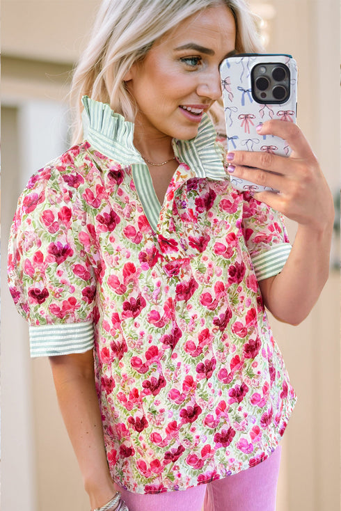 Mixed Print Floral And Stripe Detail Collared Puff Sleeve Top