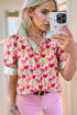 Mixed Print Floral And Stripe Detail Collared Puff Sleeve Top
