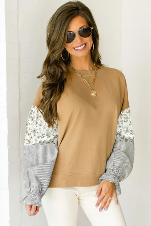 Mixed Print Floral And Stripe Sleeve Ruffle Cuff Top