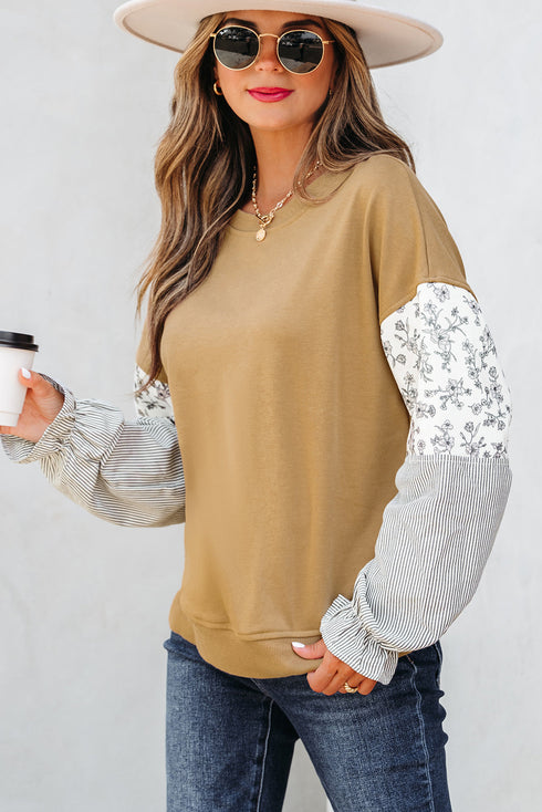 Mixed Print Floral And Stripe Sleeve Ruffle Cuff Top