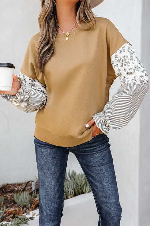 Mixed Print Floral And Stripe Sleeve Ruffle Cuff Top