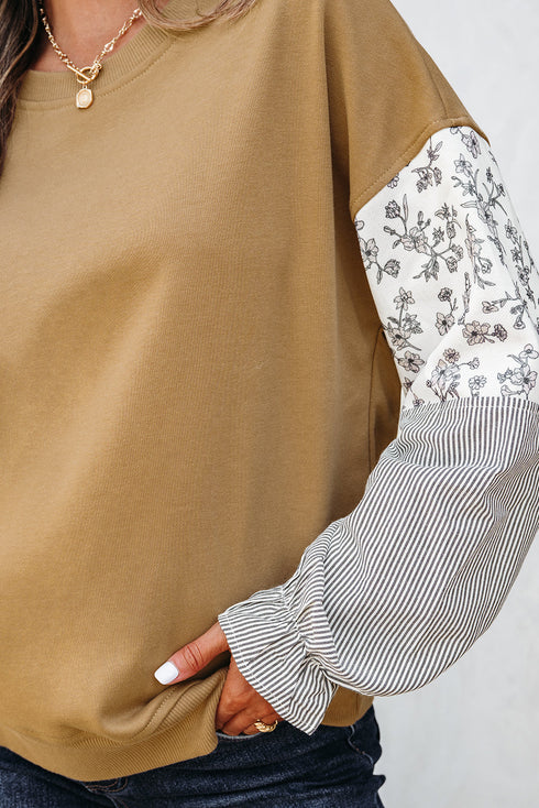 Mixed Print Floral And Stripe Sleeve Ruffle Cuff Top