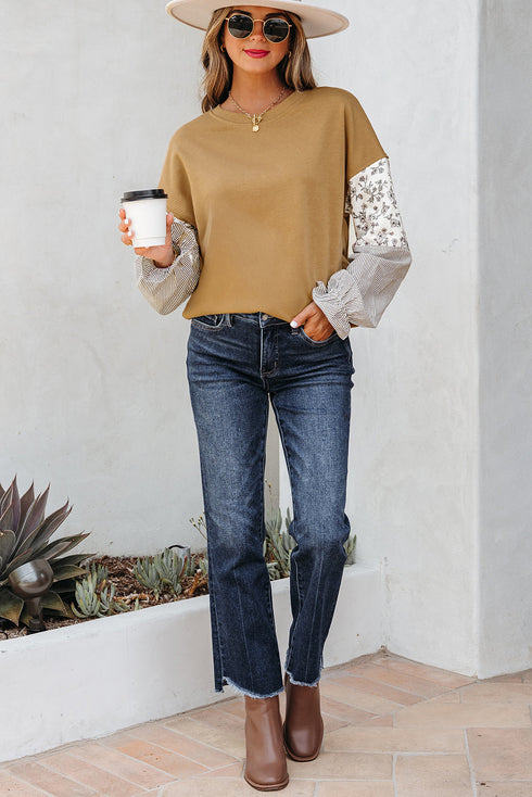 Mixed Print Floral And Stripe Sleeve Ruffle Cuff Top