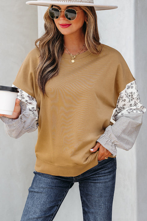 Mixed Print Floral And Stripe Sleeve Ruffle Cuff Top