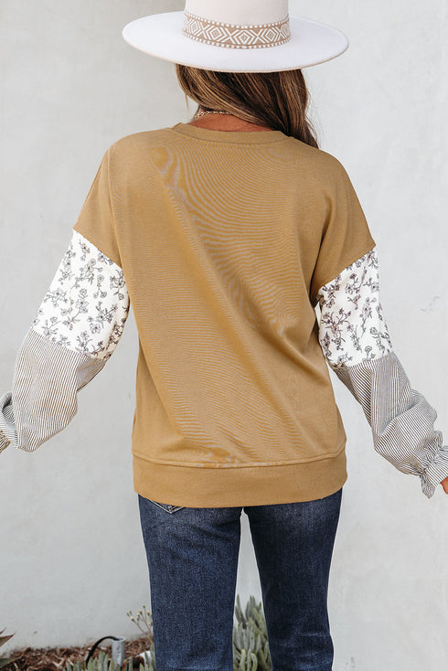 Mixed Print Floral And Stripe Sleeve Ruffle Cuff Top