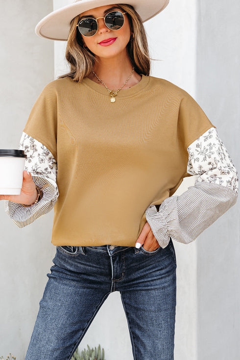 Mixed Print Floral And Stripe Sleeve Ruffle Cuff Top