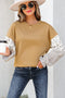 Mixed Print Floral And Stripe Sleeve Ruffle Cuff Top